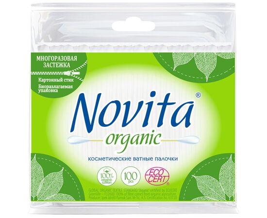 Ватные палочки Novita Organic в полиэтиленовом пакете 100 шт. (4823071617269)