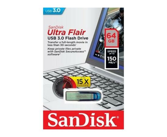 USB флеш накопитель SanDisk 64GB Ultra Flair Blue USB 3.0 (SDCZ73-064G-G46B), изображение 6 USB флеш накопитель SanDisk 64GB Ultra Flair Blue USB 3.0 (SDCZ73-064G-G46B), изображение 6