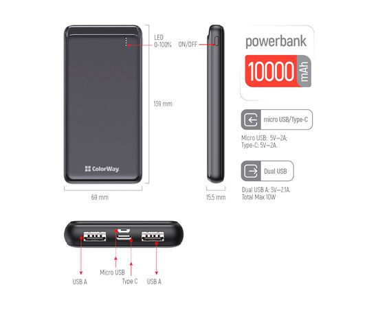 Батарея универсальная ColorWay 10 000 mAh Slim, Black (CW-PB100LPF2BK), изображение 4 Батарея универсальная ColorWay 10 000 mAh Slim, Black (CW-PB100LPF2BK), изображение 4