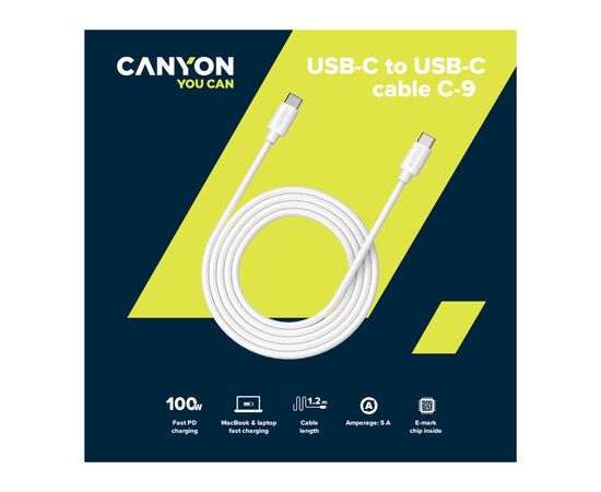 Дата кабель USB-C to USB-C 1.2m 100W 20V/ 5A white Canyon (CNS-USBC9W), изображение 3 Дата кабель USB-C to USB-C 1.2m 100W 20V/ 5A white Canyon (CNS-USBC9W), изображение 3