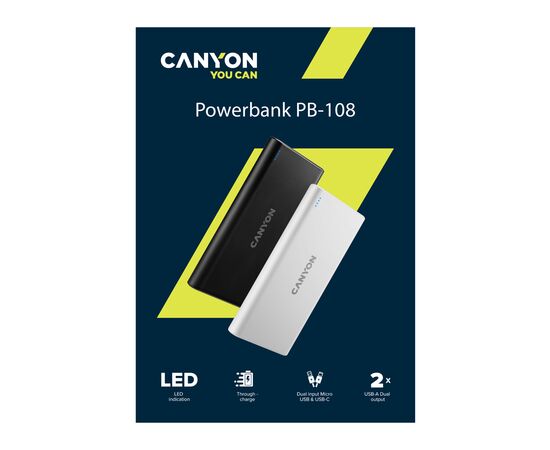 Батарея универсальная Canyon PB-108 10000mAh, Input 5V/2A, Output 5V/2.1A(Max), black (CNE-CPB1008B), изображение 7 Батарея универсальная Canyon PB-108 10000mAh, Input 5V/2A, Output 5V/2.1A(Max), black (CNE-CPB1008B), изображение 7