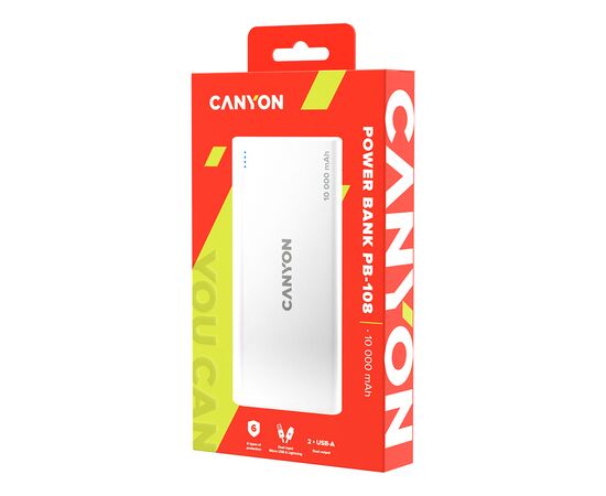 Батарея универсальная Canyon PB-108 10000mAh, Input 5V/2A, Output 5V/2.1A(Max), white (CNE-CPB1008W), изображение 4 Батарея универсальная Canyon PB-108 10000mAh, Input 5V/2A, Output 5V/2.1A(Max), white (CNE-CPB1008W), изображение 4