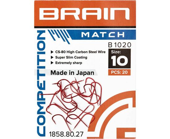 Крючок Brain fishing Match B1020 12 (20 шт/уп) Red (1858.80.26), изображение 2 Крючок Brain fishing Match B1020 12 (20 шт/уп) Red (1858.80.26), изображение 2
