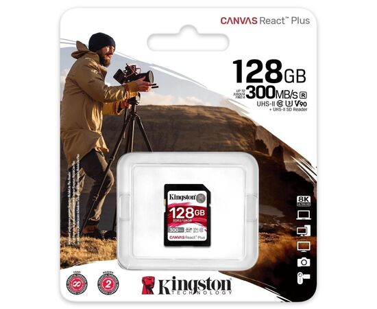 Карта памяти Kingston 128GB SDXC class 10 UHS-II U3 Canvas React Plus (SDR2/128GB), изображение 3 Карта памяти Kingston 128GB SDXC class 10 UHS-II U3 Canvas React Plus (SDR2/128GB), изображение 3