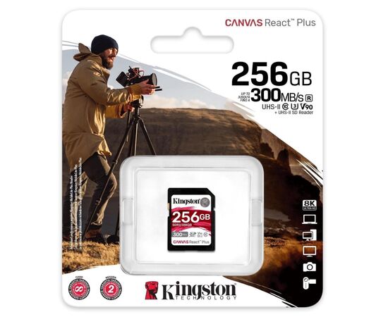 Карта памяти Kingston 256GB SDXC class 10 UHS-II U3 Canvas React Plus (SDR2/256GB), изображение 3 Карта памяти Kingston 256GB SDXC class 10 UHS-II U3 Canvas React Plus (SDR2/256GB), изображение 3