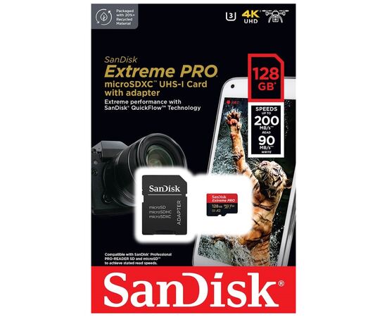 Карта памяти SanDisk 128 GB microSDXC UHS-I U3 Extreme Pro+SD Adapter (SDSQXCD-128G-GN6MA), изображение 5 Карта памяти SanDisk 128 GB microSDXC UHS-I U3 Extreme Pro+SD Adapter (SDSQXCD-128G-GN6MA), изображение 5