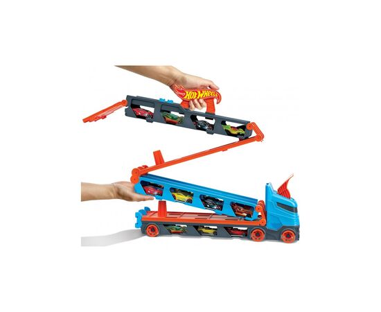 Игровой набор Hot Wheels Грузовик-транспортер "Супергонки" (GVG37), изображение 4 Игровой набор Hot Wheels Грузовик-транспортер "Супергонки" (GVG37), изображение 4
