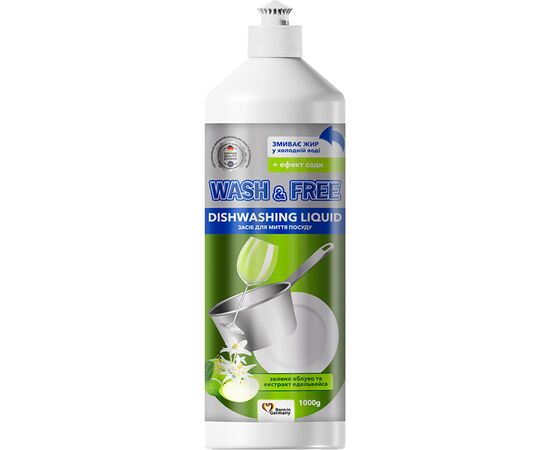 Средство для ручного мытья посуды Wash&Free зеленое яблоко и экстракт эдельвейса 1000 г (4260637723086)