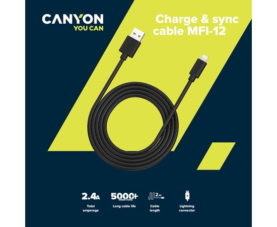 Дата кабель USB 2.0 AM to Lightning 1.0m MFI black Canyon (CNS-MFIC12B), изображение 3 Дата кабель USB 2.0 AM to Lightning 1.0m MFI black Canyon (CNS-MFIC12B), изображение 3