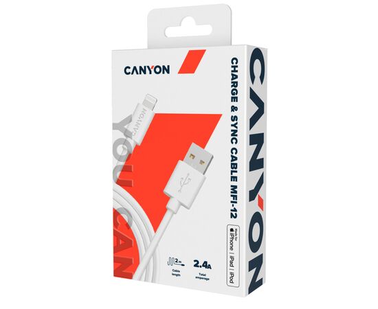 Дата кабель USB 2.0 AM to Lightning 1.0m MFI white Canyon (CNS-MFIC12W), изображение 2 Дата кабель USB 2.0 AM to Lightning 1.0m MFI white Canyon (CNS-MFIC12W), изображение 2