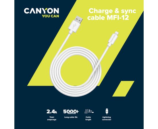 Дата кабель USB 2.0 AM to Lightning 1.0m MFI white Canyon (CNS-MFIC12W), изображение 3 Дата кабель USB 2.0 AM to Lightning 1.0m MFI white Canyon (CNS-MFIC12W), изображение 3