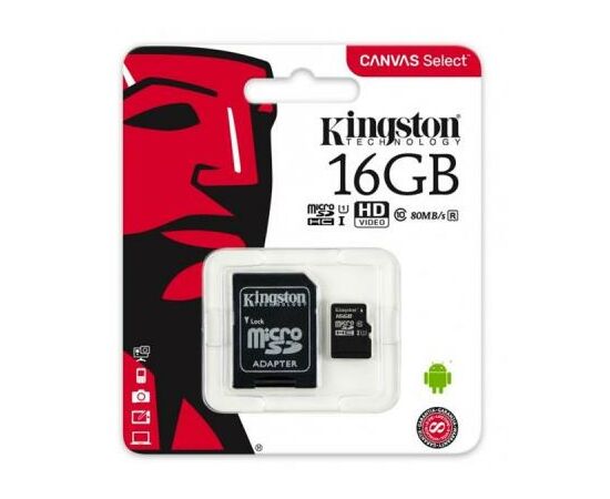 Карта памяти Kingston 16GB microSDHC class 10 UHS-I Canvas Select (SDCS/16GB), изображение 3 Карта памяти Kingston 16GB microSDHC class 10 UHS-I Canvas Select (SDCS/16GB), изображение 3