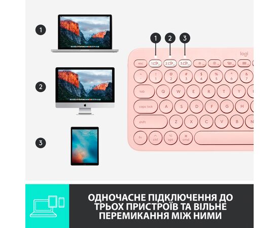 Клавіатура Logitech K380 for MAC Multi-Device Bluetooth UA Rose (920-010406), зображення 7 Клавіатура Logitech K380 for MAC Multi-Device Bluetooth UA Rose (920-010406), зображення 7