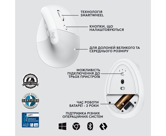 Мышка Logitech Lift Vertical Ergonomic Wireless/Bluetooth for Business Off-white (910-006496), изображение 6 Мышка Logitech Lift Vertical Ergonomic Wireless/Bluetooth for Business Off-white (910-006496), изображение 6