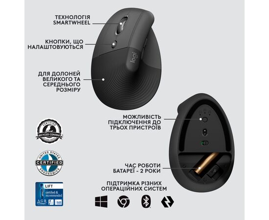 Мышка Logitech Lift Left Vertical Ergonomic Wireless/Bluetooth for Business Graphite (910-006495), изображение 6 Мышка Logitech Lift Left Vertical Ergonomic Wireless/Bluetooth for Business Graphite (910-006495), изображение 6