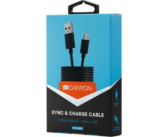 Дата кабель USB 2.0 AM to Micro 5P 1.0m Canyon (CNE-USBM1B), изображение 2 Дата кабель USB 2.0 AM to Micro 5P 1.0m Canyon (CNE-USBM1B), изображение 2