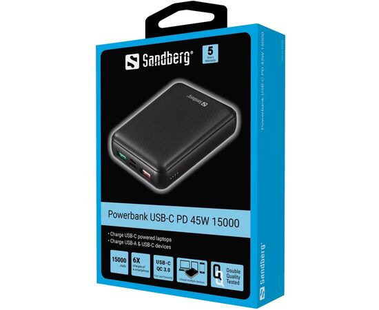 Батарея универсальная Sandberg 15000mAh, PD/45W(20V/2.25A), QC3.0, USB-C, Micro-USB, USB-A*2 (420-66), изображение 2 Батарея универсальная Sandberg 15000mAh, PD/45W(20V/2.25A), QC3.0, USB-C, Micro-USB, USB-A*2 (420-66), изображение 2