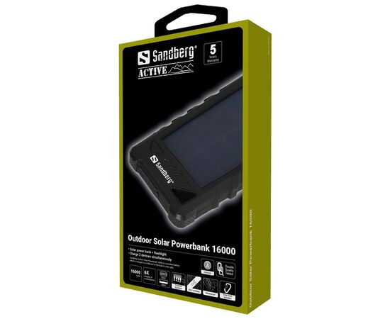 Батарея универсальная Sandberg 16000mAh, Outdoor IP67, Solar Panel 1.4W/280mA, USB-C, USB-A, 5V/3.4A total (420-35), изображение 3 Батарея универсальная Sandberg 16000mAh, Outdoor IP67, Solar Panel 1.4W/280mA, USB-C, USB-A, 5V/3.4A total (420-35), изображение 3