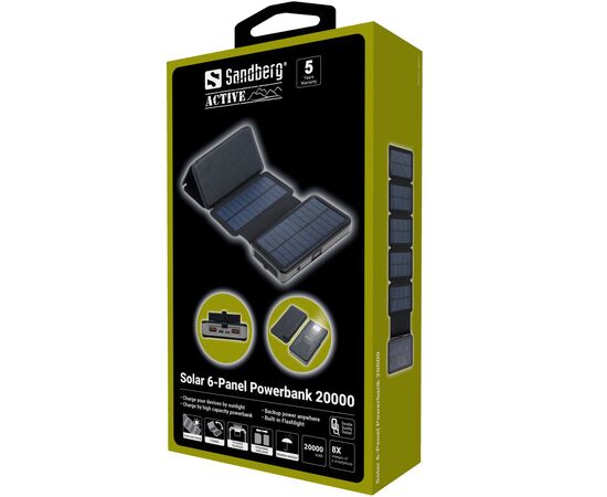 Батарея универсальная Sandberg 20000mAh, Solar 6-Panel/7.5W, USB-C output(20W), USB-A*2/(18W Max) (420-73), изображение 5 Батарея универсальная Sandberg 20000mAh, Solar 6-Panel/7.5W, USB-C output(20W), USB-A*2/(18W Max) (420-73), изображение 5