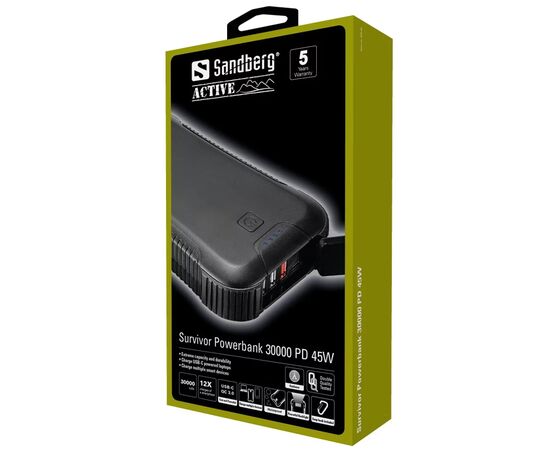 Батарея универсальная Sandberg 30000mAh, PD/45W, QC/3.0, USB-C, USB-A*3, 8 LED flashlight (420-48), изображение 2 Батарея универсальная Sandberg 30000mAh, PD/45W, QC/3.0, USB-C, USB-A*3, 8 LED flashlight (420-48), изображение 2