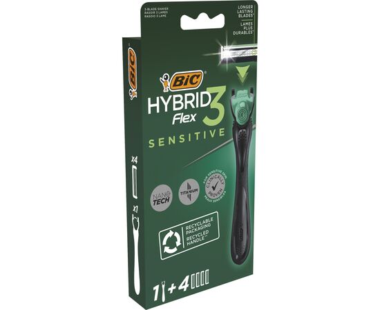 Бритва Bic Flex 3 Hybrid Sensitive с 4 сменными картриджами (3086123644977), изображение 2 Бритва Bic Flex 3 Hybrid Sensitive с 4 сменными картриджами (3086123644977), изображение 2