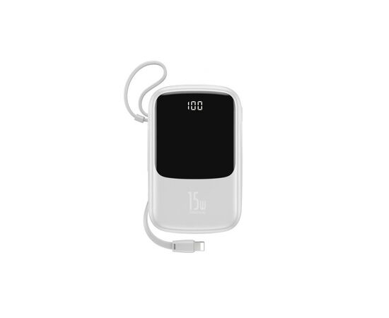 Батарея универсальная Baseus QPow 10000mAh 15W, USB-C, USB-A, out.:3A, with cable to Lightning, white (PPQD-B02)