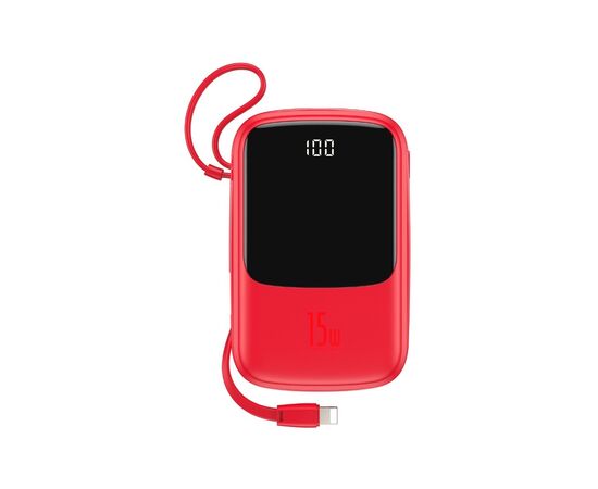 Батарея універсальна Baseus QPow 10000mAh 15W, USB-C, USB-A, out.:3A, with cable to Lightning, red (PPQD-B09)