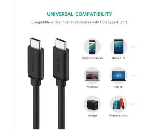 Дата кабель Type-C - Type-C 2.0m US286 3A Black Ugreen (10306), изображение 3 Дата кабель Type-C - Type-C 2.0m US286 3A Black Ugreen (10306), изображение 3