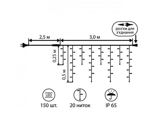 Гірлянда Novogod`ko вулична Бахрома, 150 LED, IP65, біл. тепл., чорний провід, 5,5 (801192), зображення 2 Гірлянда Novogod`ko вулична Бахрома, 150 LED, IP65, біл. тепл., чорний провід, 5,5 (801192), зображення 2