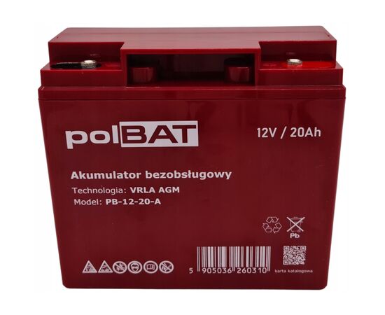 Батарея к ИБП polBAT AGM 12V-20Ah (PB-12-20-A), изображение 2 Батарея к ИБП polBAT AGM 12V-20Ah (PB-12-20-A), изображение 2