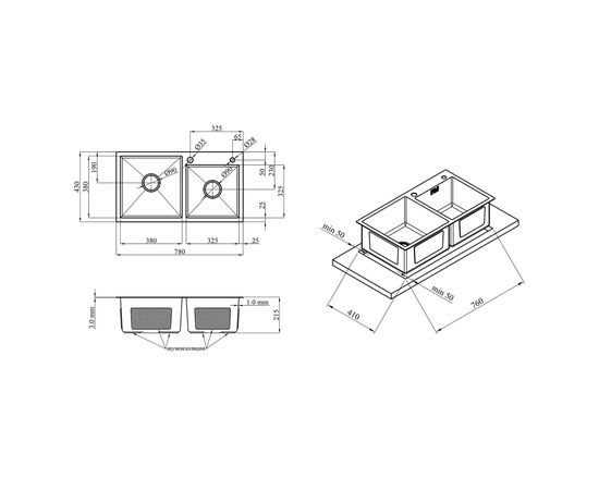 Мойка кухонная Kroner Schwarze-7843ZHM (CV022797), изображение 5 Мойка кухонная Kroner Schwarze-7843ZHM (CV022797), изображение 5
