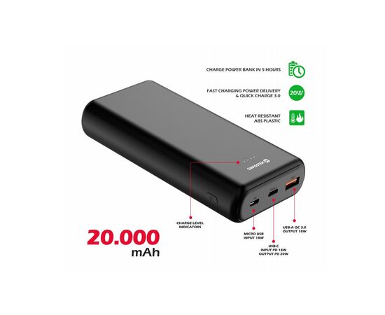 Батарея универсальная SWISSTEN 20000mAh PD/20W, QC/3.0, USB-C, Micro-USB, USB-A, +cable USB-C 3A (1283126559181), изображение 2 Батарея универсальная SWISSTEN 20000mAh PD/20W, QC/3.0, USB-C, Micro-USB, USB-A, +cable USB-C 3A (1283126559181), изображение 2