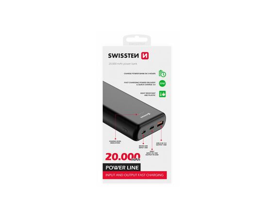 Батарея универсальная SWISSTEN 20000mAh PD/20W, QC/3.0, USB-C, Micro-USB, USB-A, +cable USB-C 3A (1283126559181), изображение 3 Батарея универсальная SWISSTEN 20000mAh PD/20W, QC/3.0, USB-C, Micro-USB, USB-A, +cable USB-C 3A (1283126559181), изображение 3