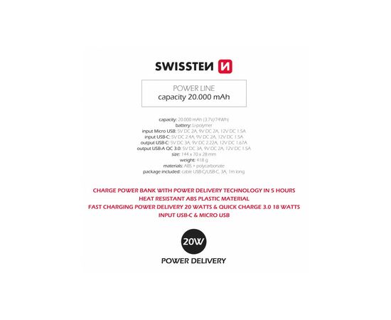 Батарея универсальная SWISSTEN 20000mAh PD/20W, QC/3.0, USB-C, Micro-USB, USB-A, +cable USB-C 3A (1283126559181), изображение 5 Батарея универсальная SWISSTEN 20000mAh PD/20W, QC/3.0, USB-C, Micro-USB, USB-A, +cable USB-C 3A (1283126559181), изображение 5