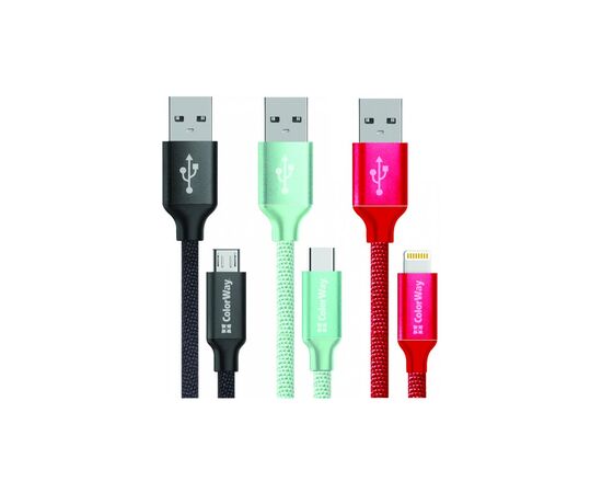 Дата кабель KIT 3 cables USB 2.0 AM to Lightning/Micro 5P/Type-C 1.0m 2.1А ColorWay (CW-CBULCM006-MIX)