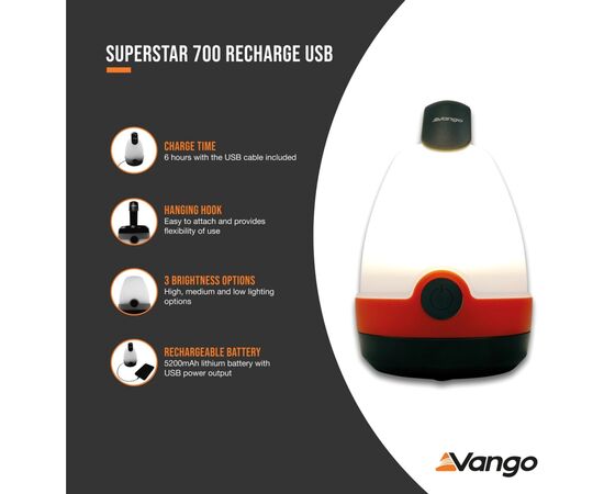Фонарь Vango Superstar 700 Recharge USB Orange (929685), изображение 5 Фонарь Vango Superstar 700 Recharge USB Orange (929685), изображение 5
