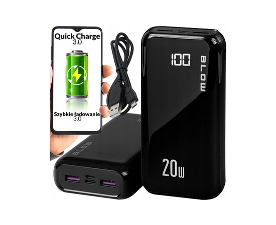 Батарея универсальная Blow 30000mAh, PD/20W, QC/3.0/20W, inp:Micro-USB/USB-C, out:USB-A*2/USB-C, black (PB30A), изображение 2 Батарея универсальная Blow 30000mAh, PD/20W, QC/3.0/20W, inp:Micro-USB/USB-C, out:USB-A*2/USB-C, black (PB30A), изображение 2
