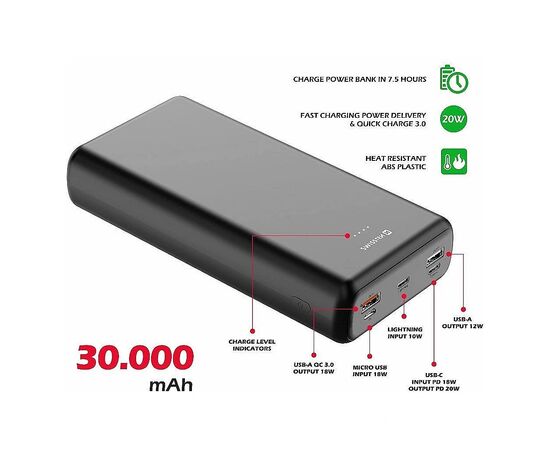 Батарея универсальная SWISSTEN 30000mAh PD/20W, QC/3.0, USB-C, Lightning, Micro-USB, 2*USB-A, +cable USB-C 3A, black (8595217479838), изображение 2 Батарея универсальная SWISSTEN 30000mAh PD/20W, QC/3.0, USB-C, Lightning, Micro-USB, 2*USB-A, +cable USB-C 3A, black (8595217479838), изображение 2