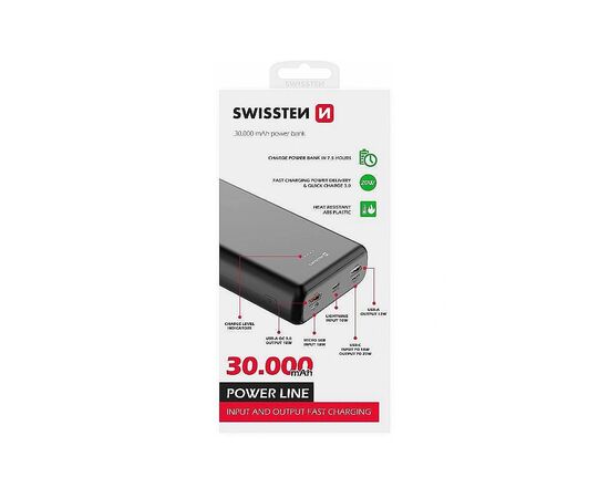 Батарея универсальная SWISSTEN 30000mAh PD/20W, QC/3.0, USB-C, Lightning, Micro-USB, 2*USB-A, +cable USB-C 3A, black (8595217479838), изображение 3 Батарея универсальная SWISSTEN 30000mAh PD/20W, QC/3.0, USB-C, Lightning, Micro-USB, 2*USB-A, +cable USB-C 3A, black (8595217479838), изображение 3