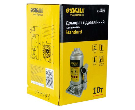 Домкрат Sigma гідравлічний пляшковий 10т H 200-385мм (6106101), зображення 4 Домкрат Sigma гідравлічний пляшковий 10т H 200-385мм (6106101), зображення 4