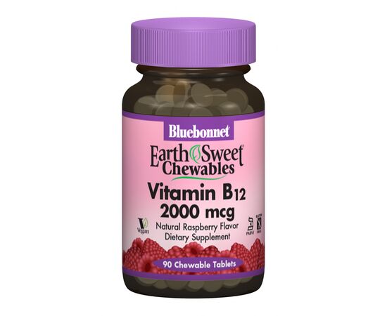 Витамин Bluebonnet Nutrition Витамин В12 2000мкг, Вкус Малины, Earth Sweet Chewables, 90 (BLB-00436)