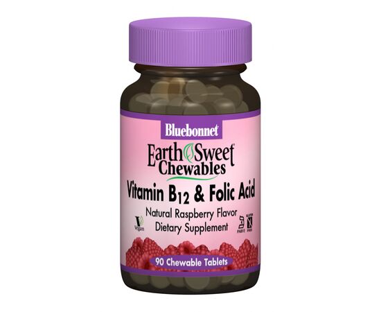 Вітамін Bluebonnet Nutrition Вітамін В12 и Фолієва кислота, Смак Малини, Earth Sweet Chew (BLB0434)