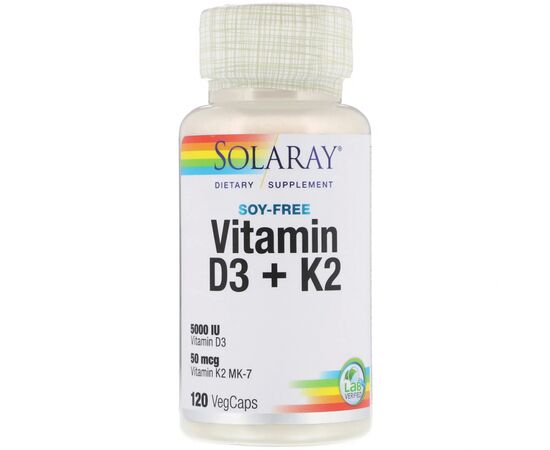 Витамин Solaray Витамин D3+K2, Soy-Free Vitamin D3 + K2, 120 вегетарианских (SOR-57445)
