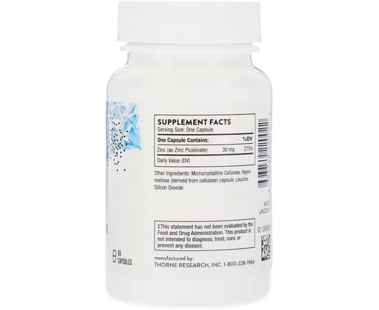 Минералы Thorne Research Цинк Пиколинат, Zinc Picolinate, 30 мг, 60 капсул (THR-22002), изображение 2 Минералы Thorne Research Цинк Пиколинат, Zinc Picolinate, 30 мг, 60 капсул (THR-22002), изображение 2