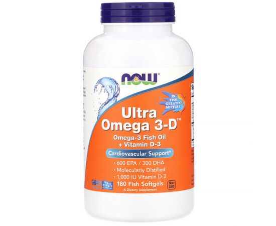 Жирные кислоты Now Foods Ультра Омега 3 и Витамин D, Ultra Omega 3-D, 180 Гелевых Кап (NOW-01664)