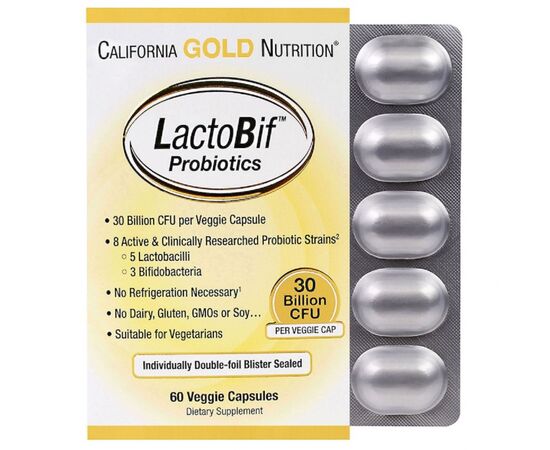 Пробіотики California Gold Nutrition Пробіотик LactoBif, Probiotics, 30 млрд КУО, 60 овочевих кап (CGN-00965)