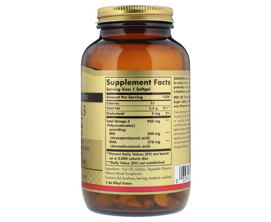 Жирные кислоты Solgar Рыбий Жир, Омега 3 (Omega-3 EPA, DHA), 950 мг, Тройная Сила, (SOL-02058), изображение 2 Жирные кислоты Solgar Рыбий Жир, Омега 3 (Omega-3 EPA, DHA), 950 мг, Тройная Сила, (SOL-02058), изображение 2