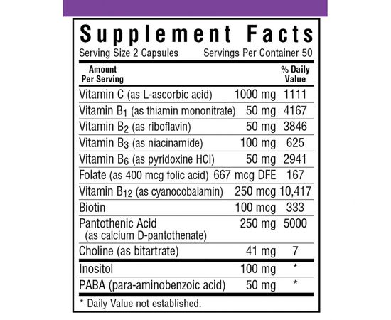 Витамин Bluebonnet Nutrition Стресс В-Комплекс 100, 100 гелевых капсул (BLB-00424), изображение 2