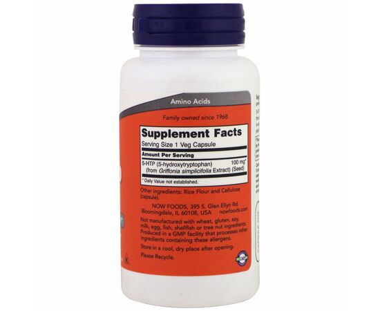 Аминокислота Now Foods 5-HTP (Гидрокситриптофан), 100мг, 60 вегетарианских капсул (NOW-00105), изображение 2 Аминокислота Now Foods 5-HTP (Гидрокситриптофан), 100мг, 60 вегетарианских капсул (NOW-00105), изображение 2