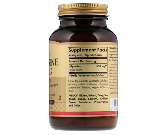 Аминокислота Solgar L-Тирозин, L-Tyrosine, 500 мг, 100 вегетаріанських капсул (SOL-02761), изображение 2 Аминокислота Solgar L-Тирозин, L-Tyrosine, 500 мг, 100 вегетаріанських капсул (SOL-02761), изображение 2